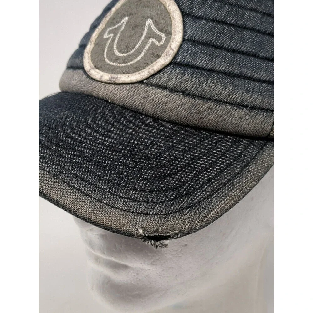 Vintage True Religion Denim Baseball Cap Leather Strap Hat‎ Blue Patch Logo Y2K